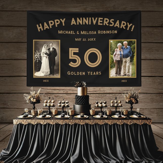 Bannière photo du 50e anniversaire du Mariage Blac (Elegant black and gold 50th anniversary banner styled for a beautiful celebration)