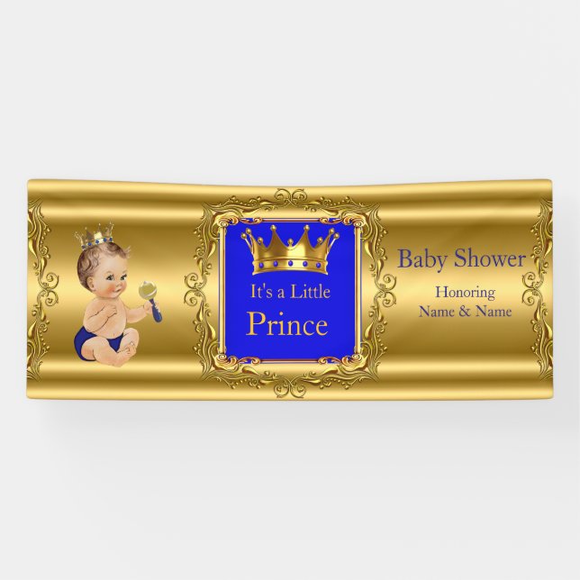 Bannière Prince Baby shower Bleu Or Brunette Bébé (Horizontal)