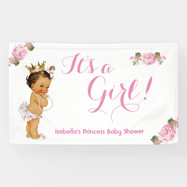 Bannière Princesse Baby shower rose Floral Brunett (Horizontal)
