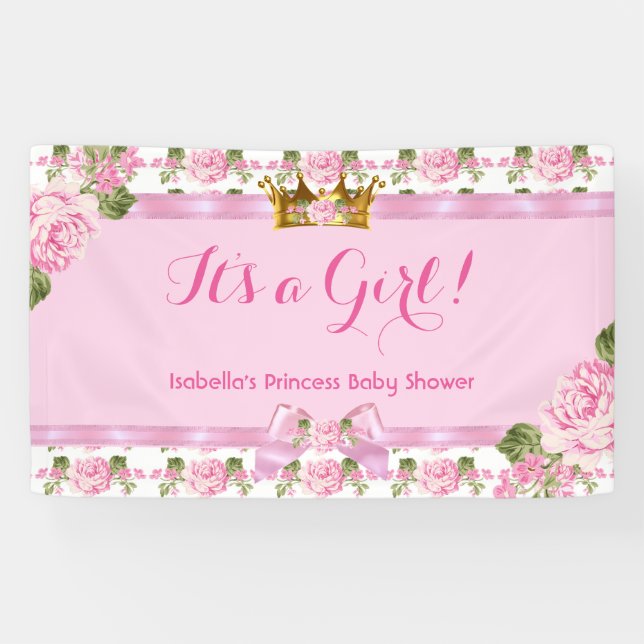 Bannière Princesse Baby shower rose Roses Or Couro (Horizontal)