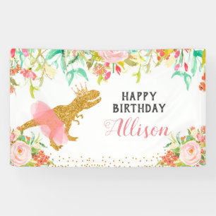 Bannière rose florale d'anniversaire de dinosaure
