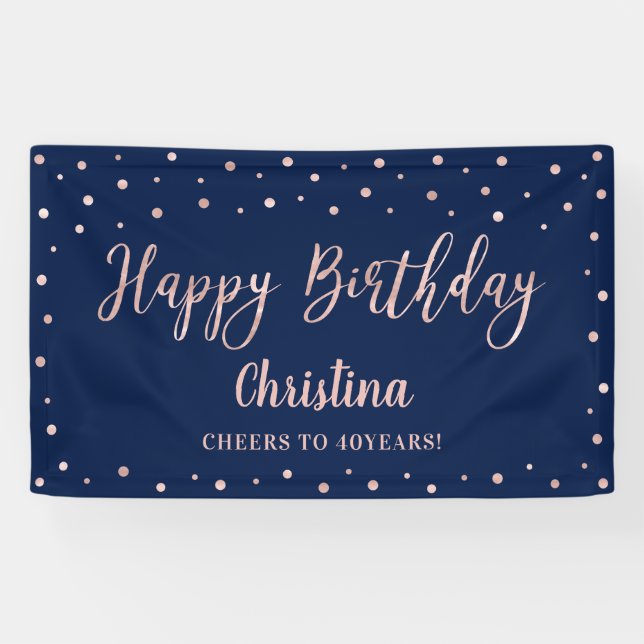 Bannière rose Gold & Navy Blue Joyeux Anniversaire (Horizontal)