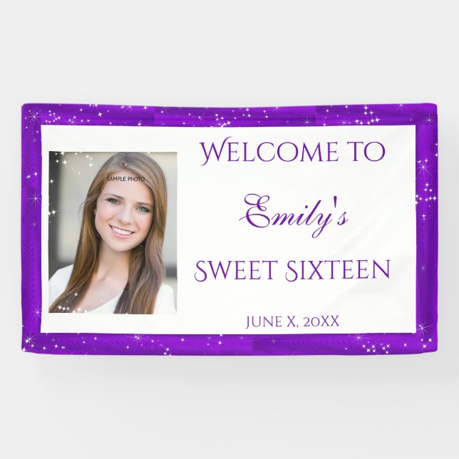 Bannière sweet sixteen, Violet, Étoiles Étincelant (Horizontal)
