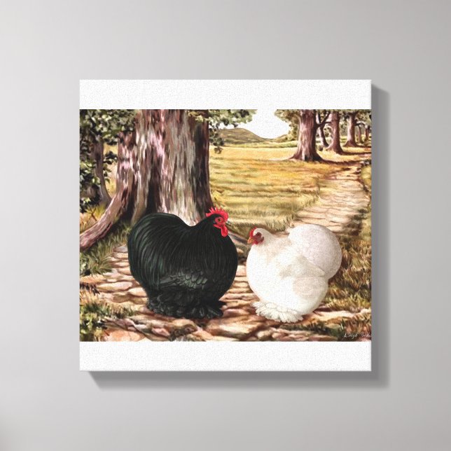 Bantam Cochin Rooster und Hen in waldreicher Umgeb Leinwanddruck (Vorderseite)