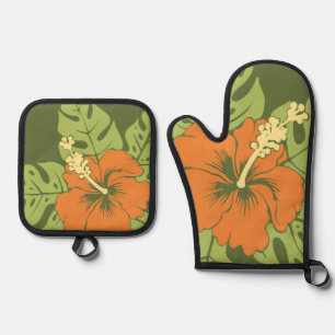 Banzai Beach Hawaiian Hibiskus Blumenmuster Olivgr Ofenhandschuh & Topflappen-Set