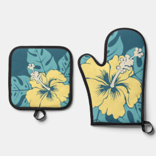 Banzai Beach Hawaiian Hibiskus Floral Aquamarin Ofenhandschuh & Topflappen-Set