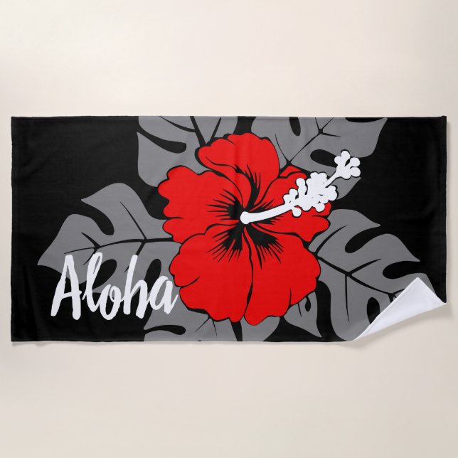 Banzai Beach Hawaiian Hibiskus Floral - Schwarz Strandtuch (Vorderseite)