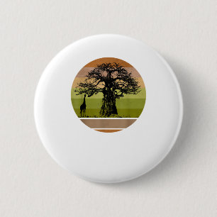 Baobab Tree und Giraffe Retro African Sunset Button