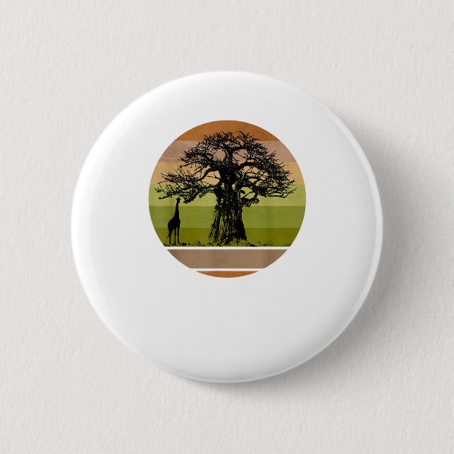 Baobab Tree und Giraffe Retro African Sunset Button (Vorderseite)