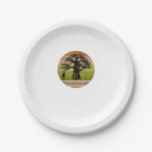 Baobab Tree und Giraffe Retro African Sunset Pappteller