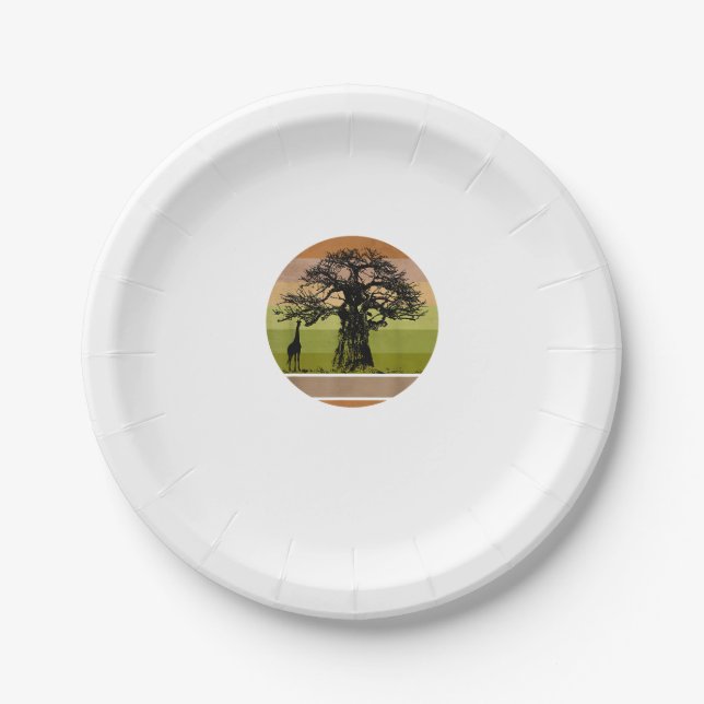 Baobab Tree und Giraffe Retro African Sunset Pappteller (Vorderseite)
