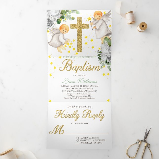 Baptême Angels Genre Neutre Triple Invitation (Intérieur)