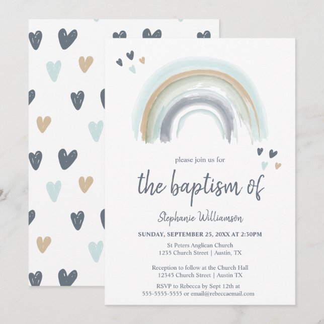 Baptême arc-en-ciel bleu Boho Invitation (Devant / Derrière)