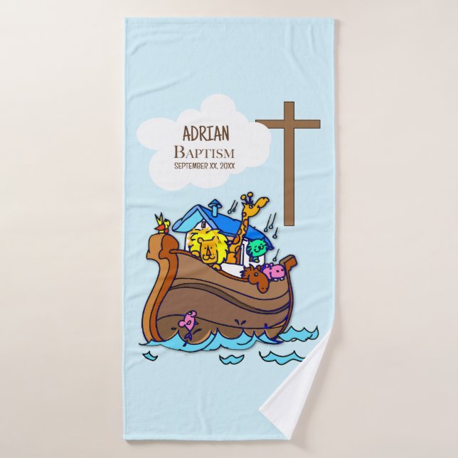 Baptême Arche du garçon Noah, mignons animaux Pers (Serviette de bain)