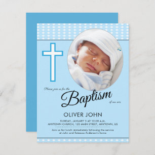 Baptême bébé garçon, Croix Bleue Invitation