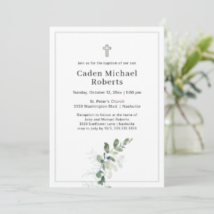 Baptême Blanc Vert Croix Invitation
