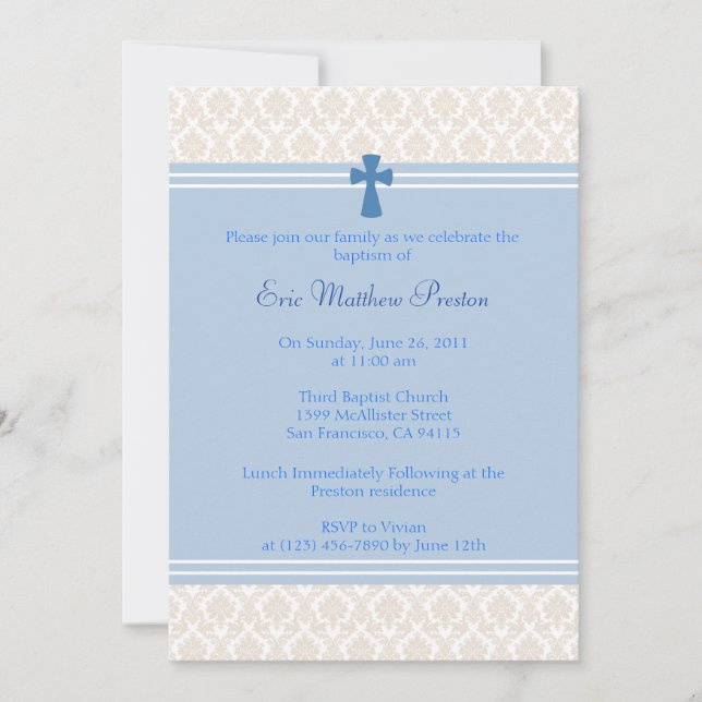 Baptême Bleu Damas / Invitation Christening (Devant)