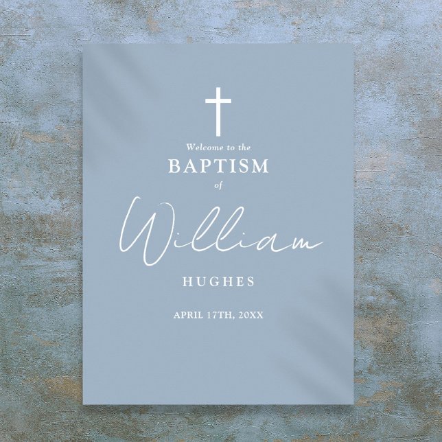 Baptême bleu Dusty Affiche de bienvenue de baptême (Dusty Blue Baptism Christening Welcome Sign)