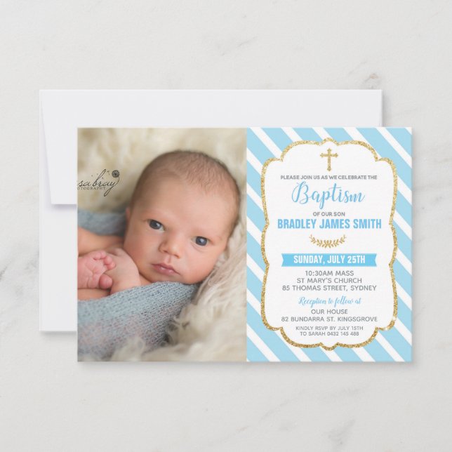 Baptême bleu et or Baby Boy Photo Invitation (Devant)