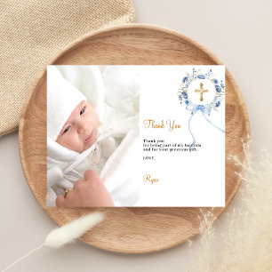 Baptême bleu fleuri couronne photo carte de remerc