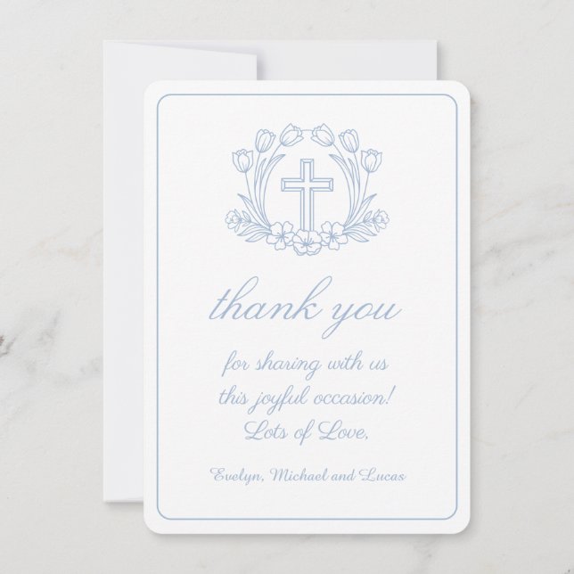 Baptême bleu floral simple Carte de remerciements (Dos)