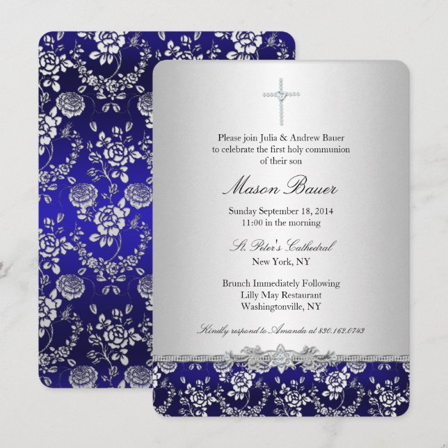 Baptême Bleu Rose & Cross / Invitation Christening (Devant / Derrière)