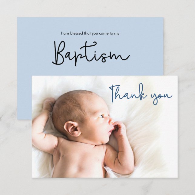 Baptême bleu simple carte de remerciements photo g (Devant / Derrière)