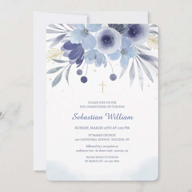 Baptême Blue Floral Invitation (Devant)