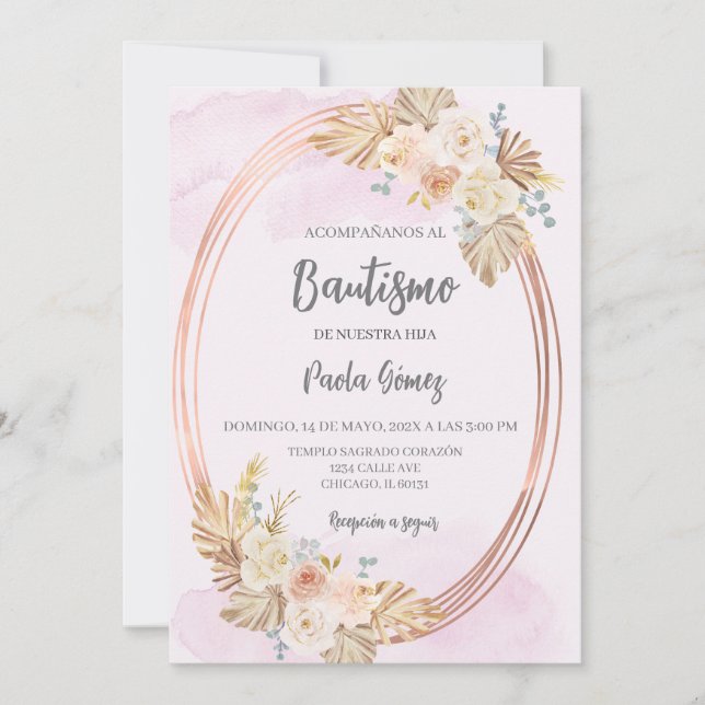 Baptême Boho rose invitation pour fille (Devant)