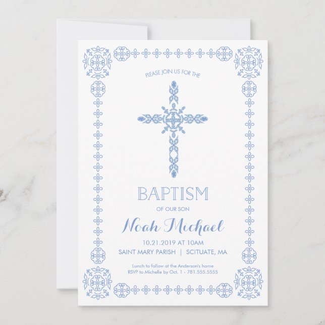 Baptême, Christening Boys Invitation Elegant Cross (Devant)