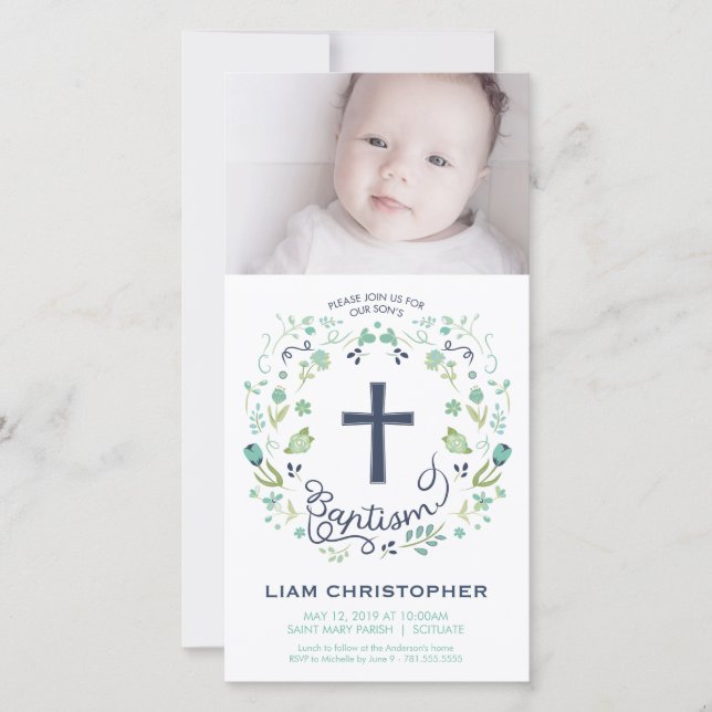 Baptême, Christening Carte photo Invitation - Garç (Devant)