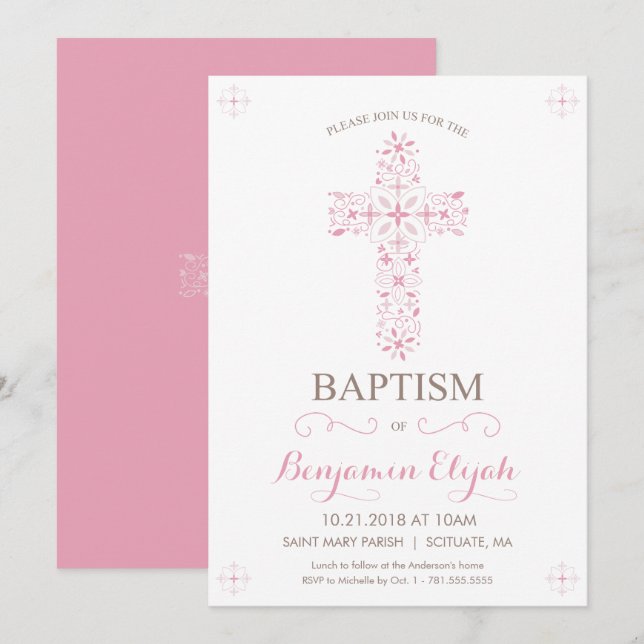 Baptême, Christening Invitation - Baby Girl Invita (Devant / Derrière)