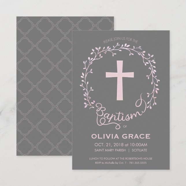 Baptême Christening Invitation - Baby Girl Invitat (Devant / Derrière)