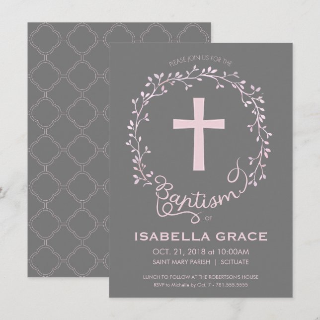 Baptême Christening Invitation - Baby Girl Invitat (Devant / Derrière)