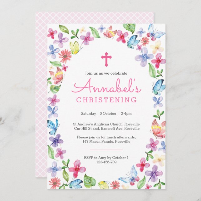 Baptême Christening Invitation Papillon floral (Devant / Derrière)