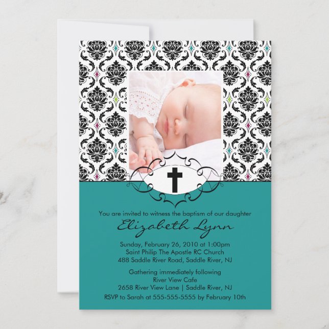 Baptême Christening Invitations Photo Damask (Devant)