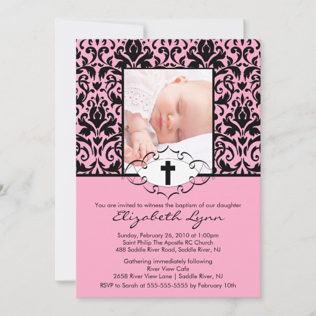 Baptême Christening Invitations Photo Damask Pink (Devant)