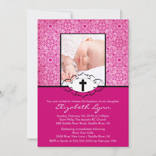 Baptême Christening Invitations Photo Pink Damask (Devant)