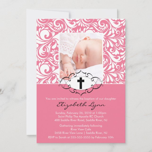 Baptême Christening Invitations Photo Pink Swirls (Devant)