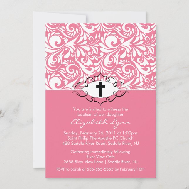 Baptême Christening Invitations Pink Swirls (Devant)