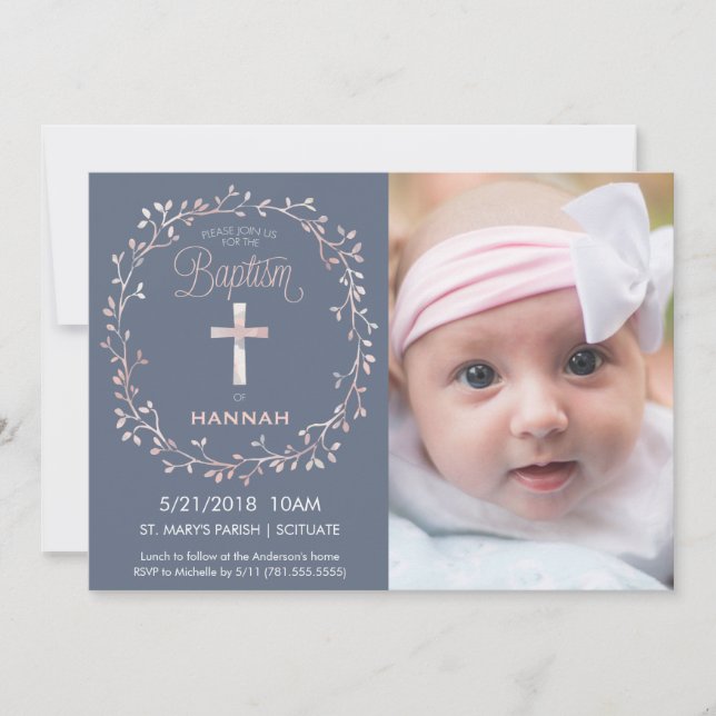 Baptême, Christening Photo Invitation - Baby Girl (Devant)