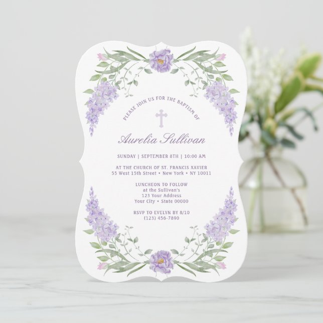 Baptême de cadre Lilac floral Invitation (Debout devant)