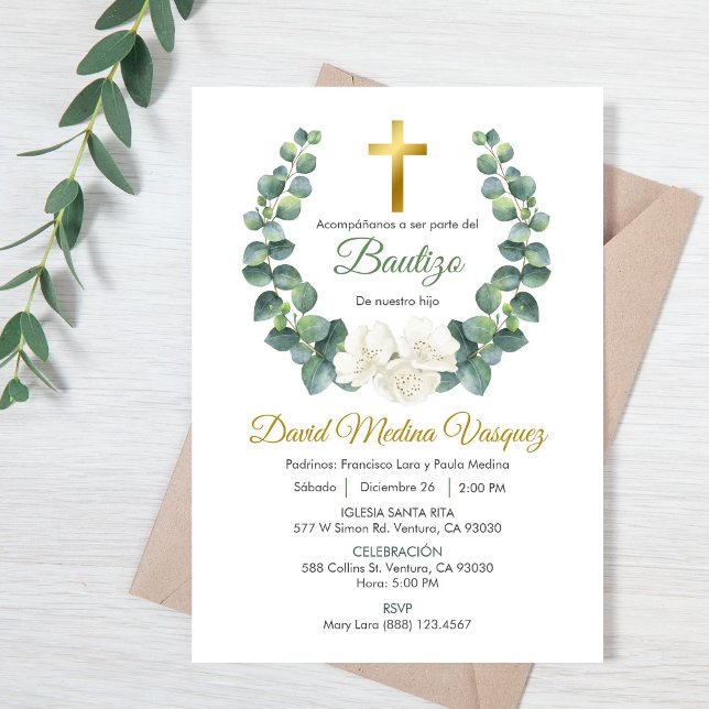 Baptême de couronne verte Feuille Invitation en es (Créateur téléchargé)