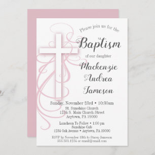 Baptême de croix rose blanche Invitation fille