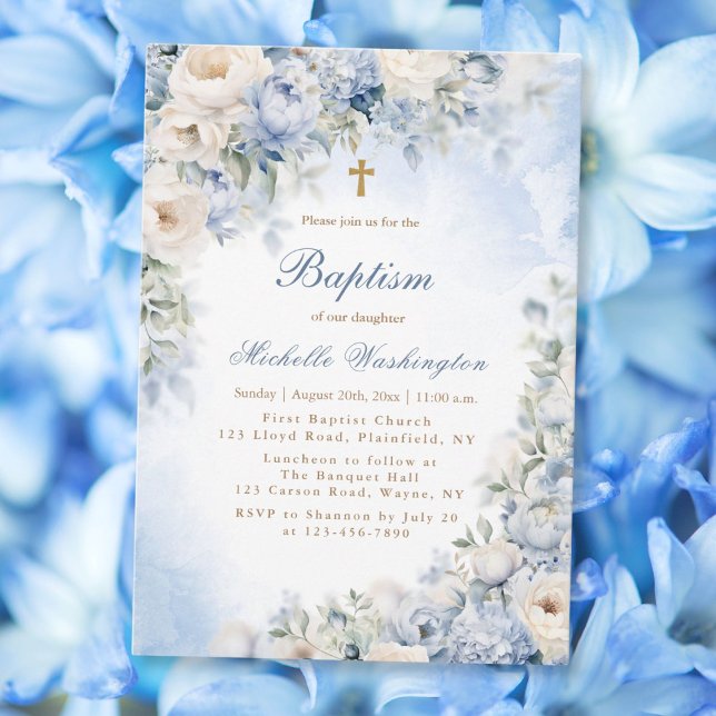 Baptême de fleurs bleues et ivoire Invitation (Créateur téléchargé)