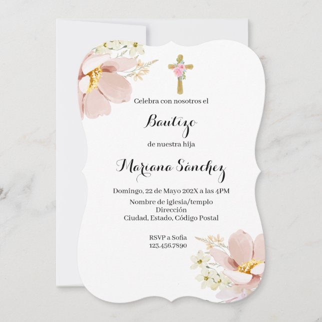 Baptême de fleurs roses invitation pour fille (Devant)