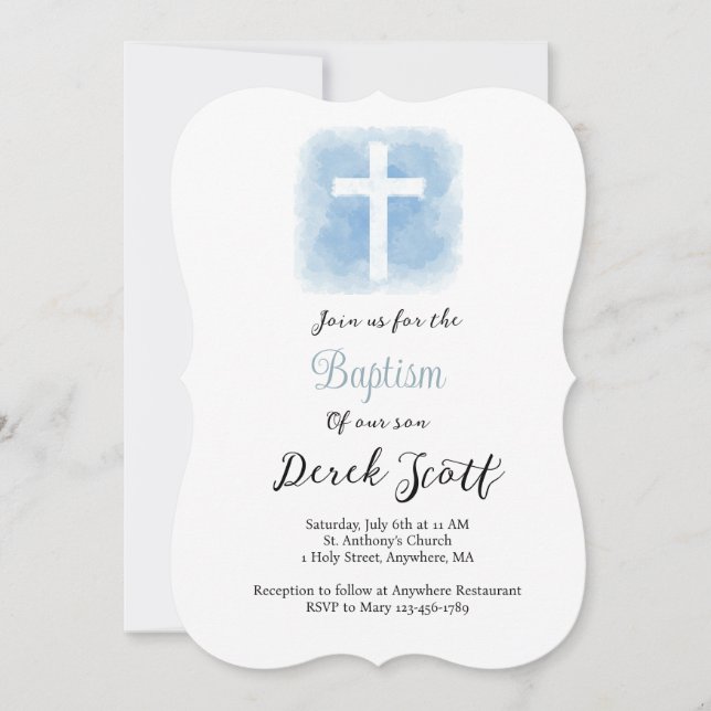 Baptême de garçon bleu et blanc Invitation (Devant)