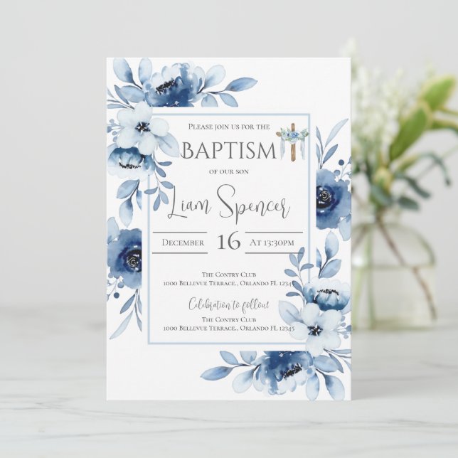Baptême de garçon floral bleu Invitation (Debout devant)
