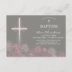 Baptême de la petite fille Invitation avec croix,