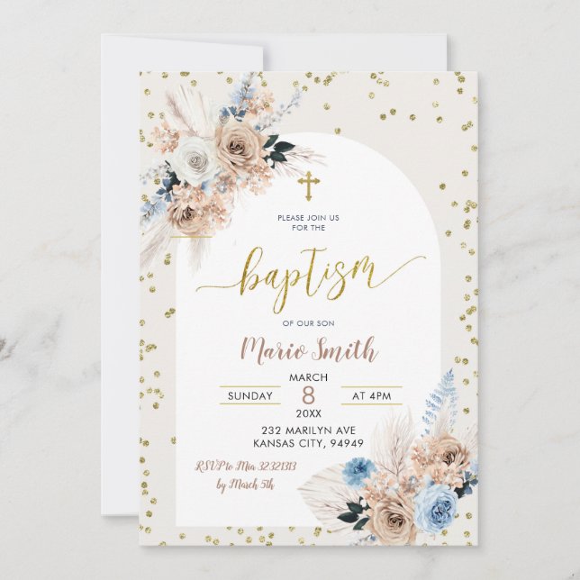 Baptême de Pampas Bleu Boho Grass Invitation (Devant)